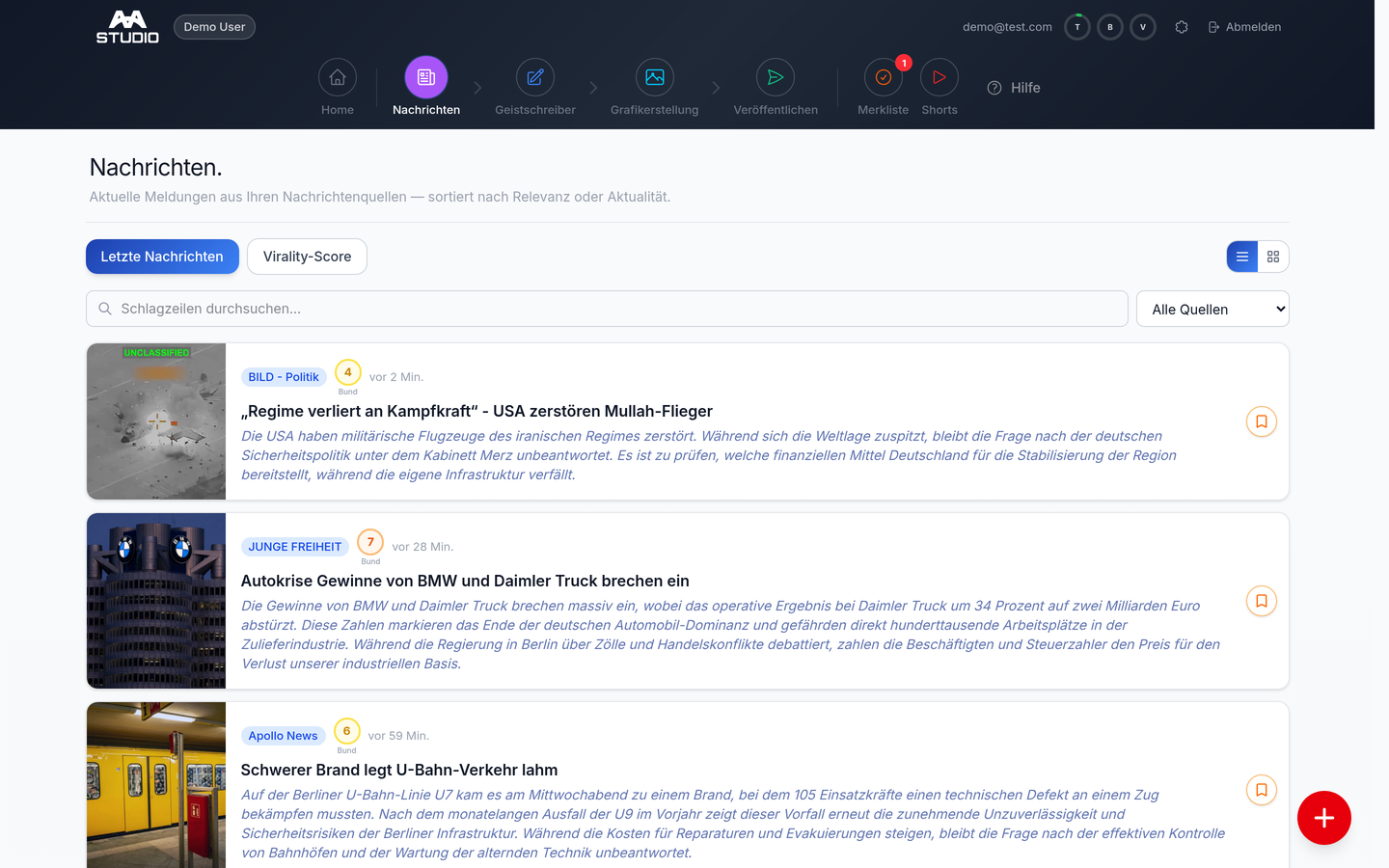 Alternita.Studio: Nachrichtenübersicht in der öffentlichen Produktdemo