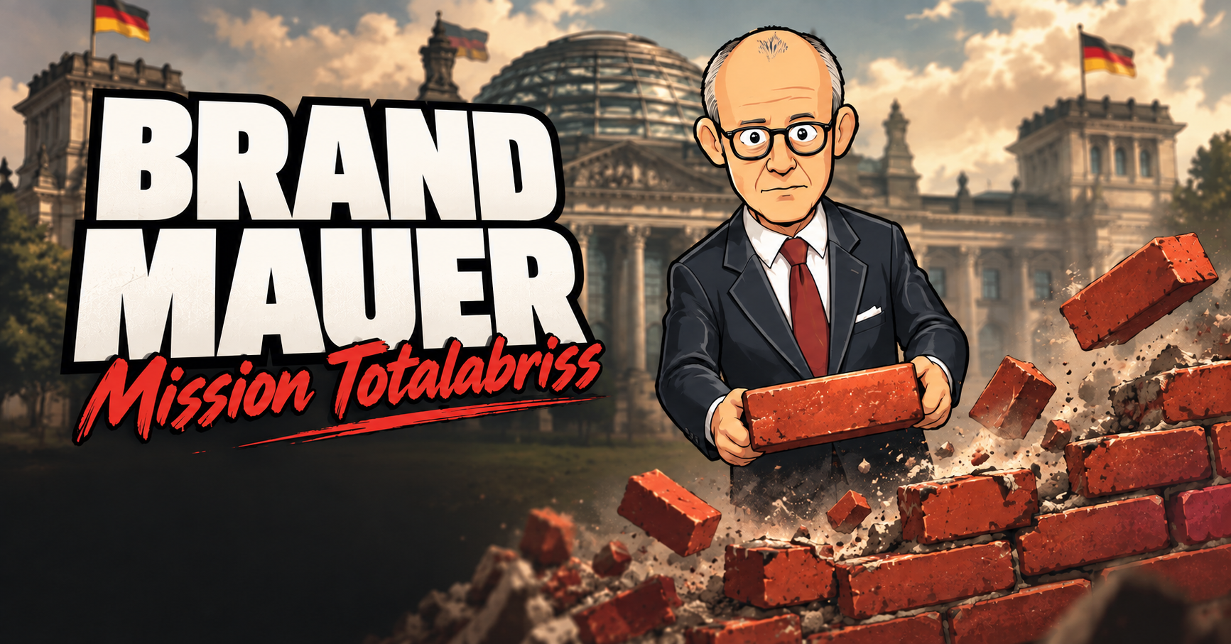 Brandmauer – Mission Totalabriss: Spielmotiv mit gezeichneter Figur, Ziegeln und Reichstag.