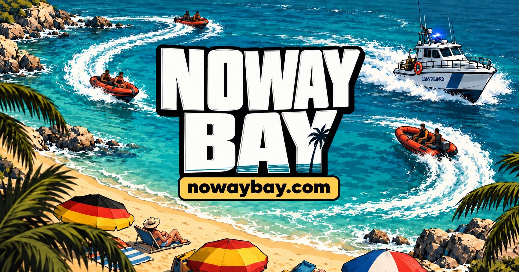 Noway Bay: Schlauchboote und Küstenwacht in einer sonnigen Bucht, mit dem Schriftzug nowaybay.com.